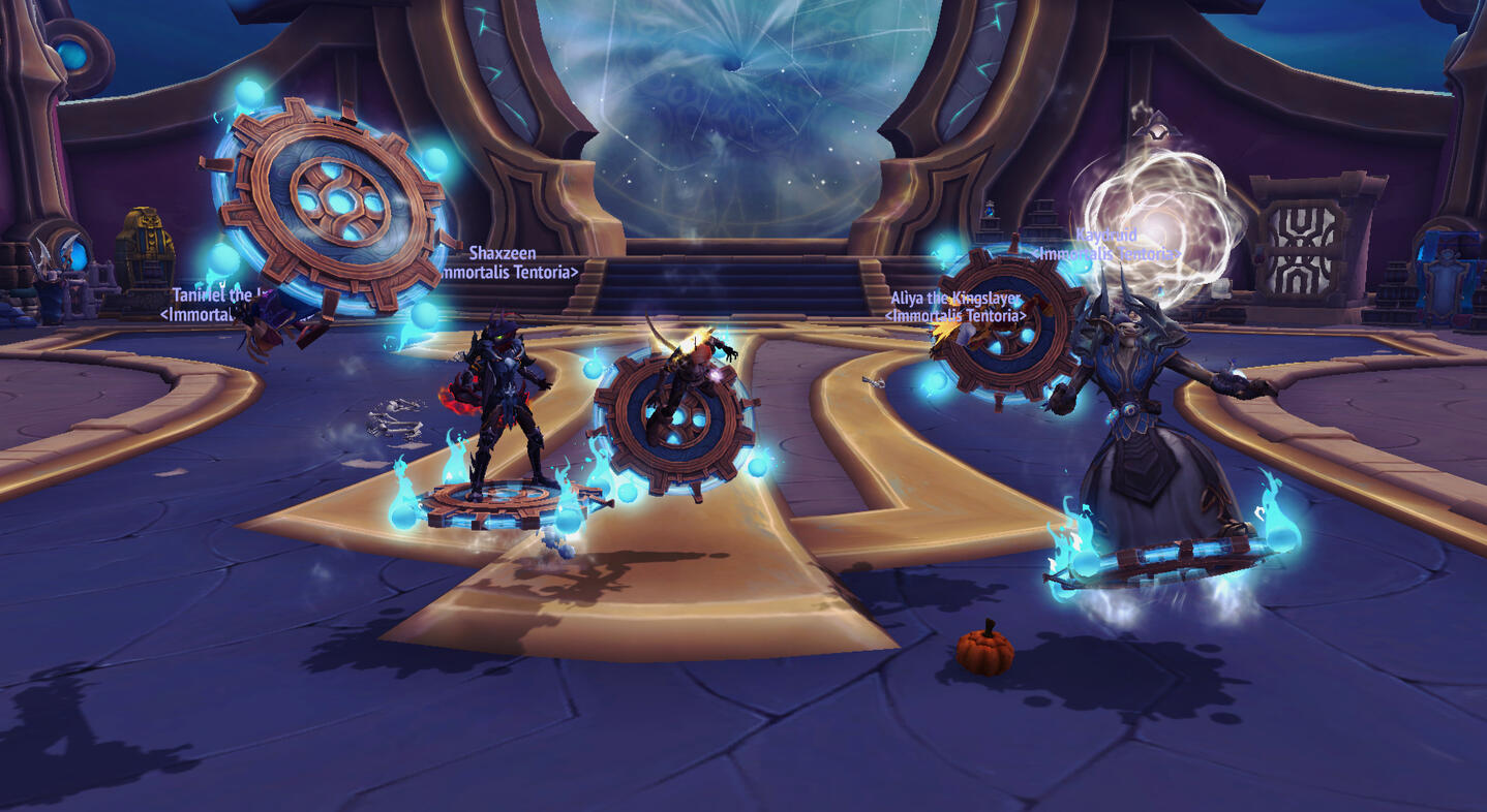 Chaotic lineup of five Immortalis Tentoria Guildies on flying discs from Tazavesh hard mode