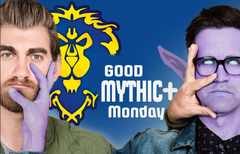 Mythic monday banner with a night elf and a human