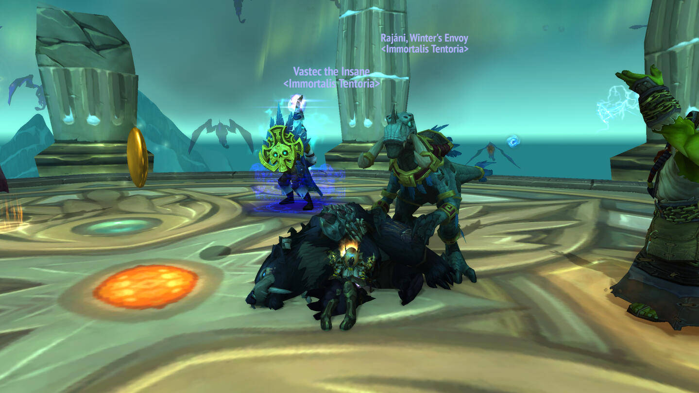 Mythic monday banner with a night elf and a human